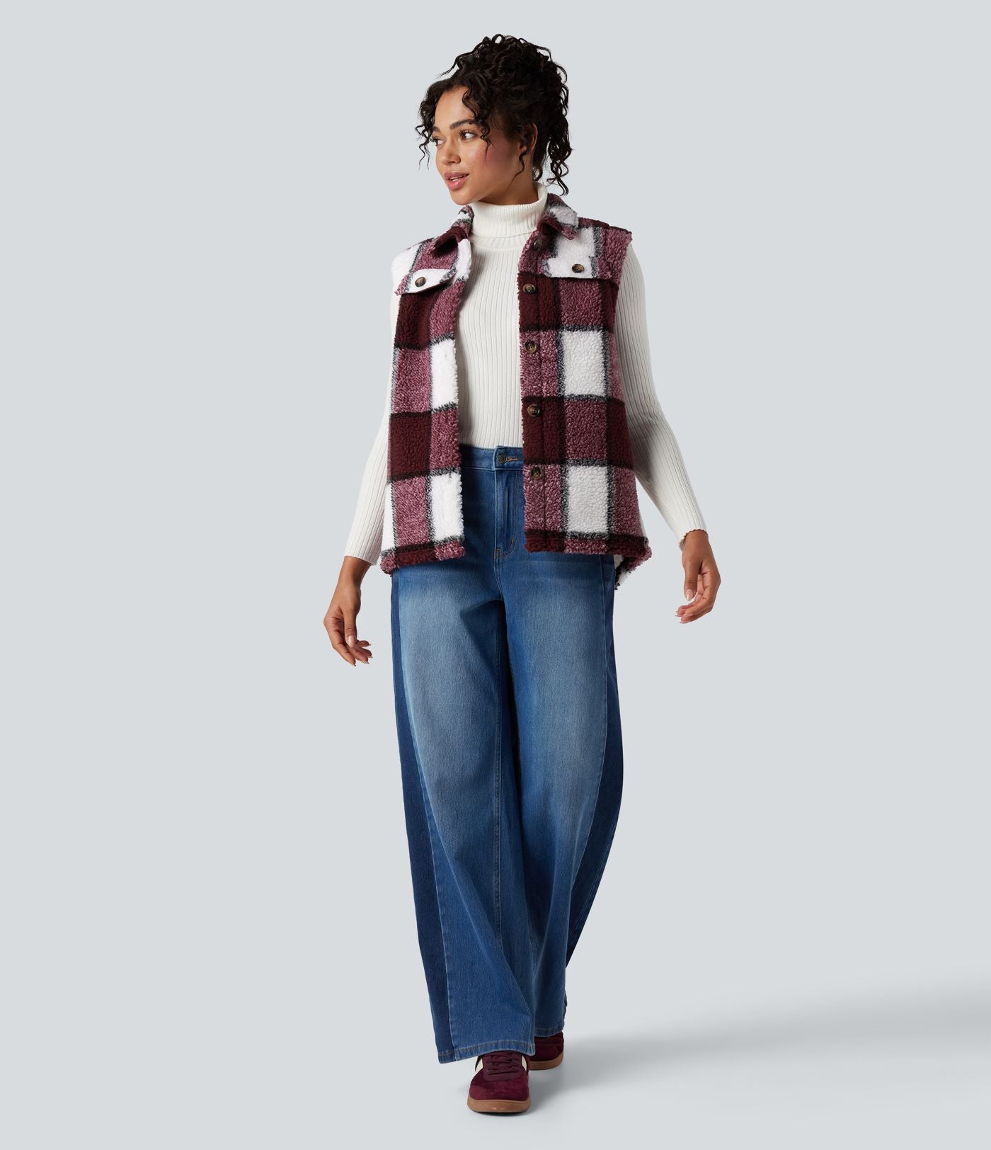 Gilet sherpa à carreaux ourlet arrondi