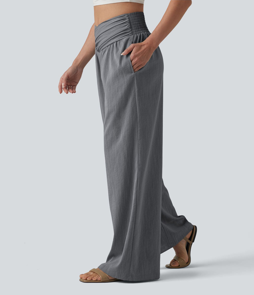 Pantalon baggy effet lin taille haute croisée avec détails froncés et poche