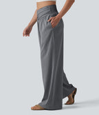 Pantalon baggy effet lin taille haute croisée avec détails froncés et poche