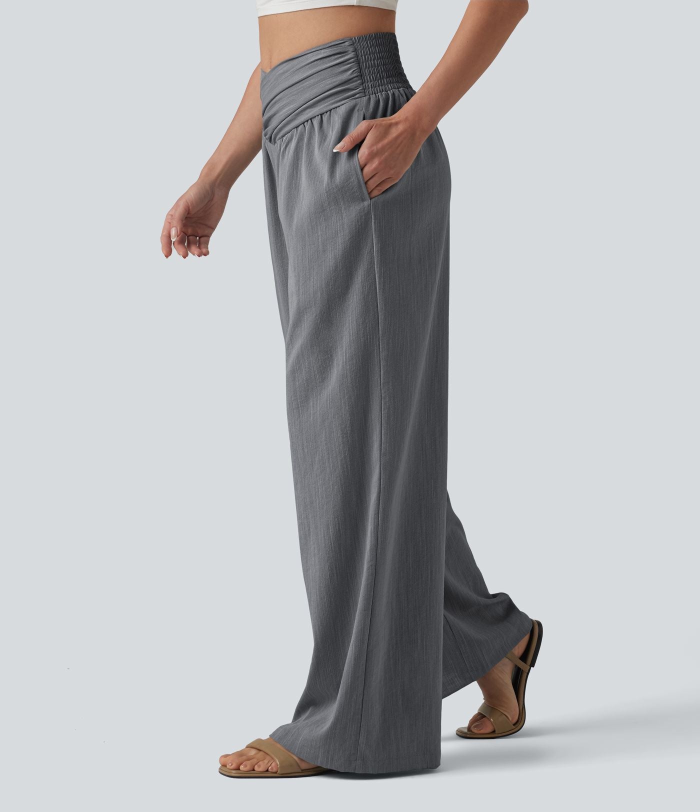 Pantalon baggy effet lin taille haute croisée avec détails froncés et poche