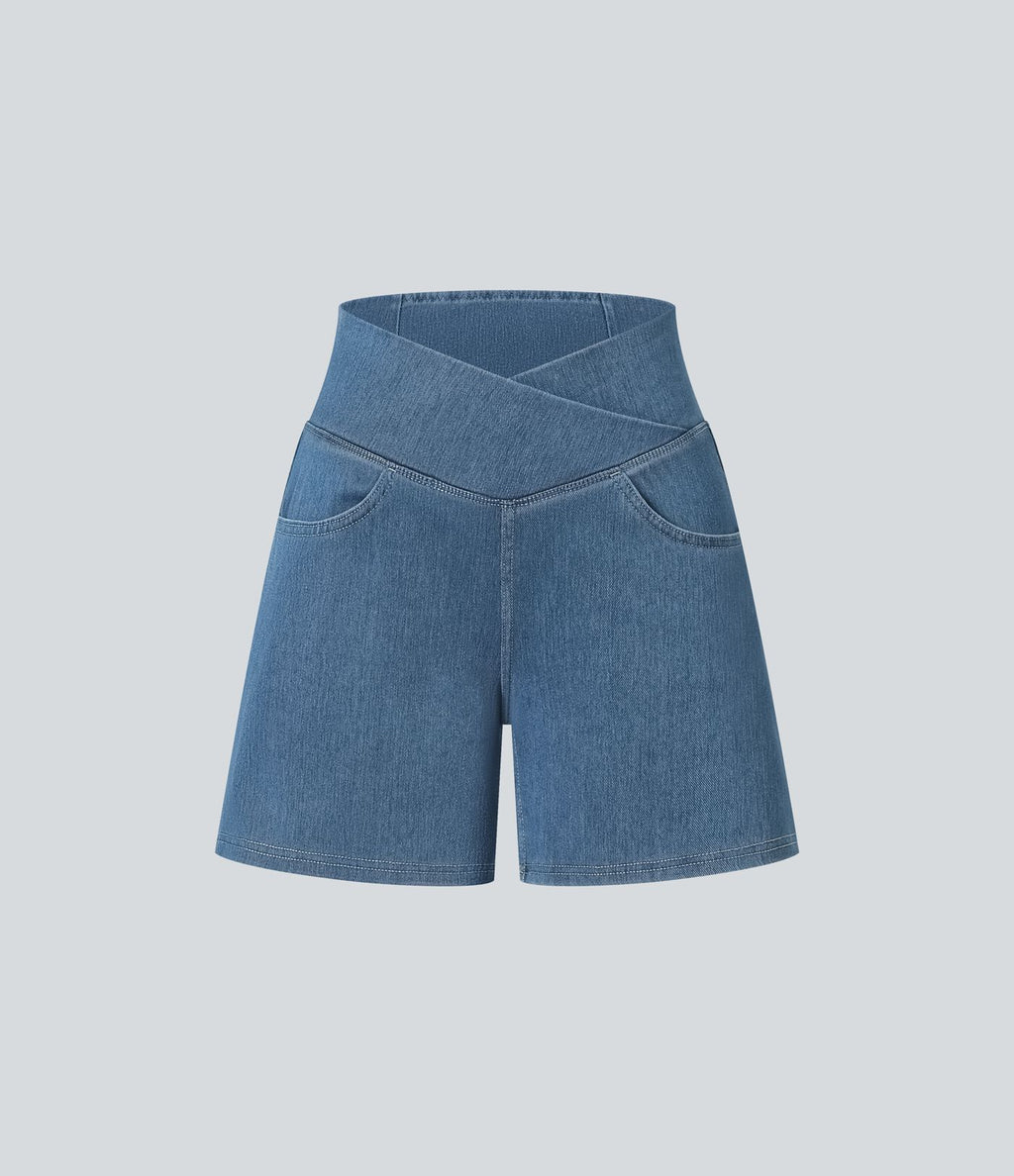 Halara Flex™ Short décontracté évasé à jambe large en denim extensible délavé taille haute croisée avec poches multiples