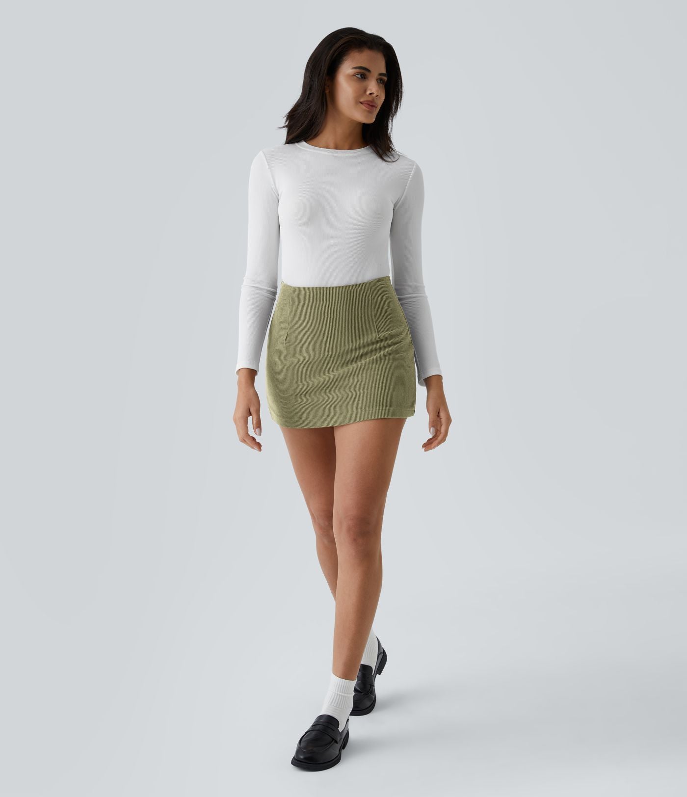 Mini-Jupe Casual en Velours Côtelé 2 en 1 Fermeture Éclair Invisible Taille Haute