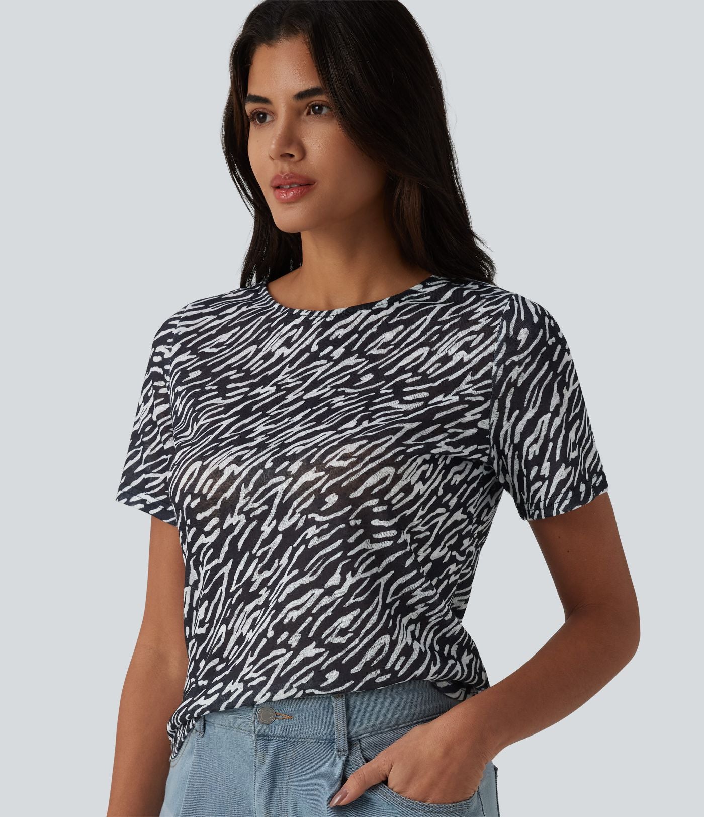 T-shirt casual imprimé zèbre col rond à manches courtes