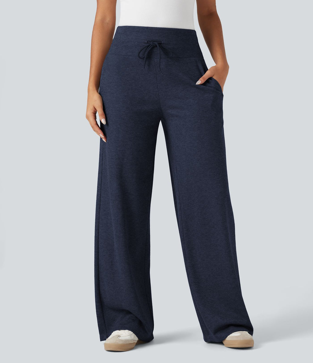 Pantalon jogging large décontracté côtelé gainant taille haute avec cordon de serrage et poches