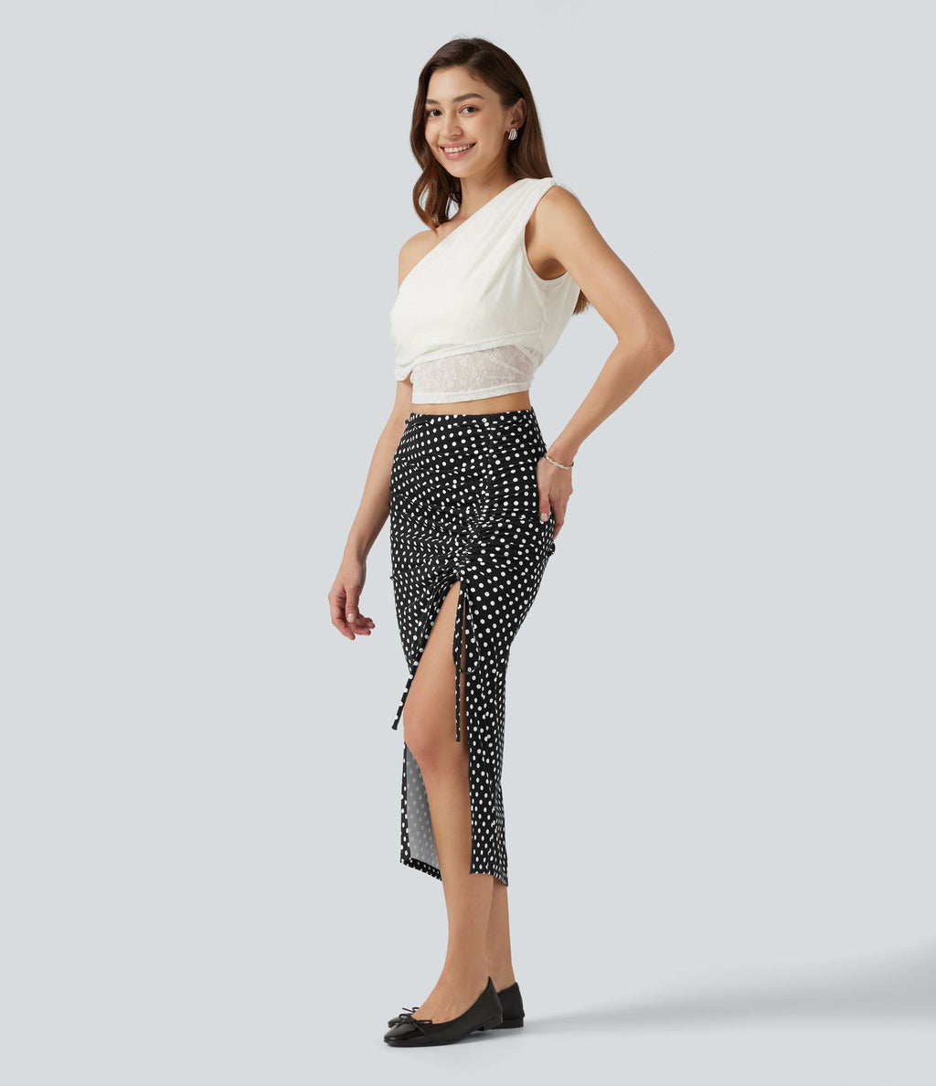 Jupe mi-longue moulante casual Halara UltraSculpt™ imprimé à carreaux taille haute avec cordon de serrage