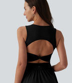 Robe mi-longue décontractée col rond sans manches découpes