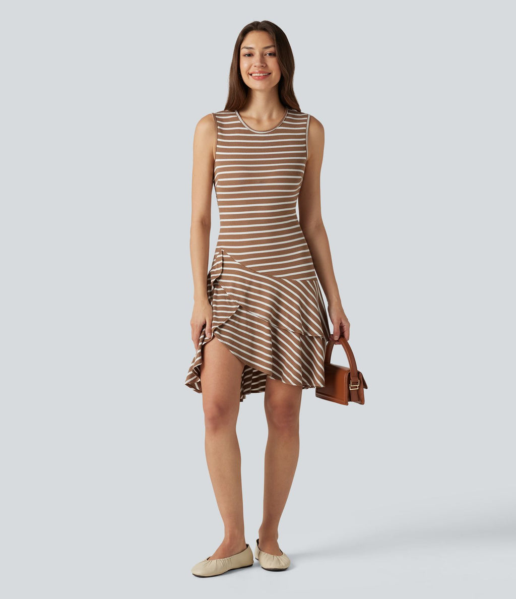 Robe mini décontractée à rayures col rond sans manches ourlet à volants superposés en maille côtelée