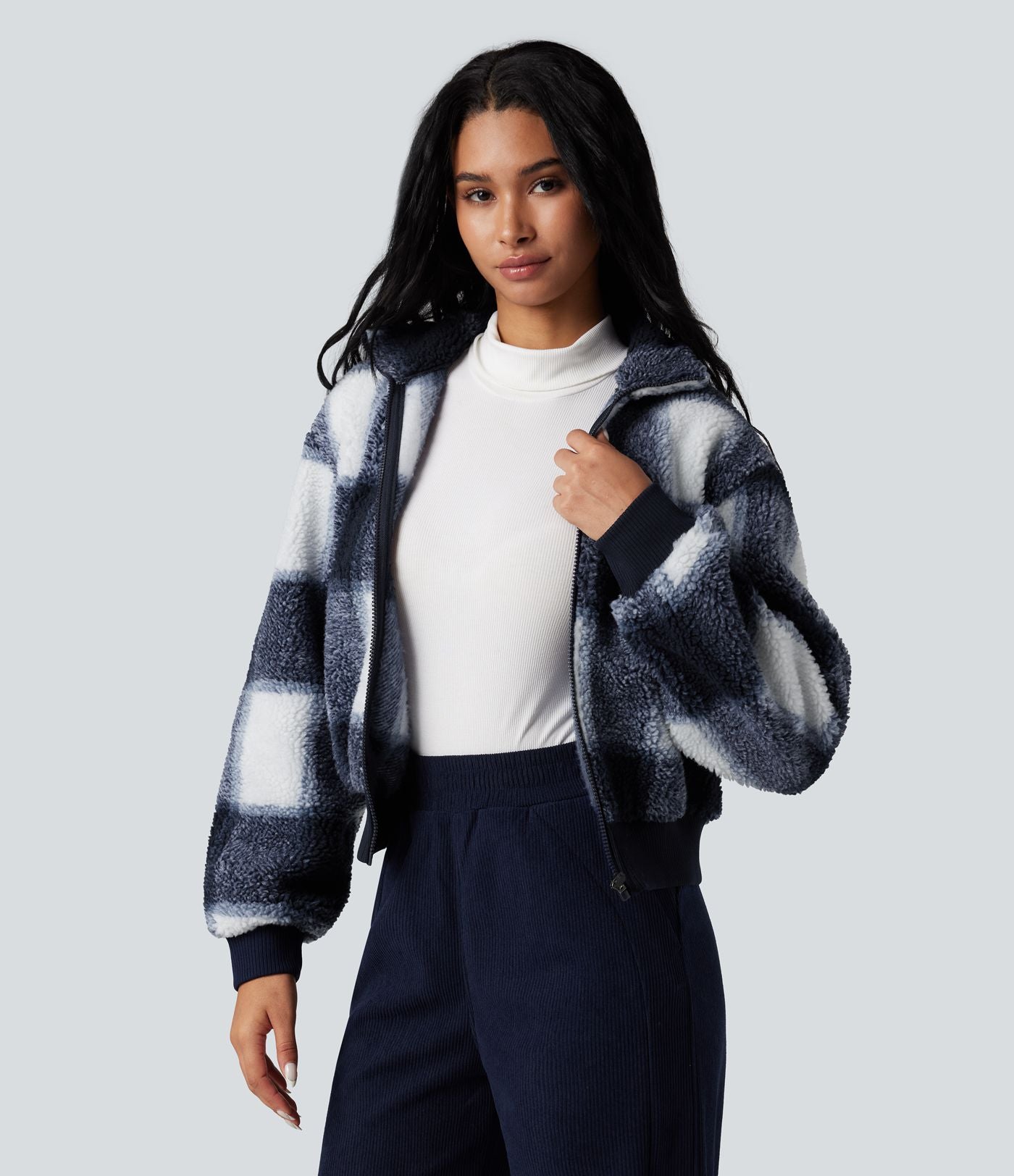 Veste sherpa col montant côtes contrastantes avec fermeture éclair et poches