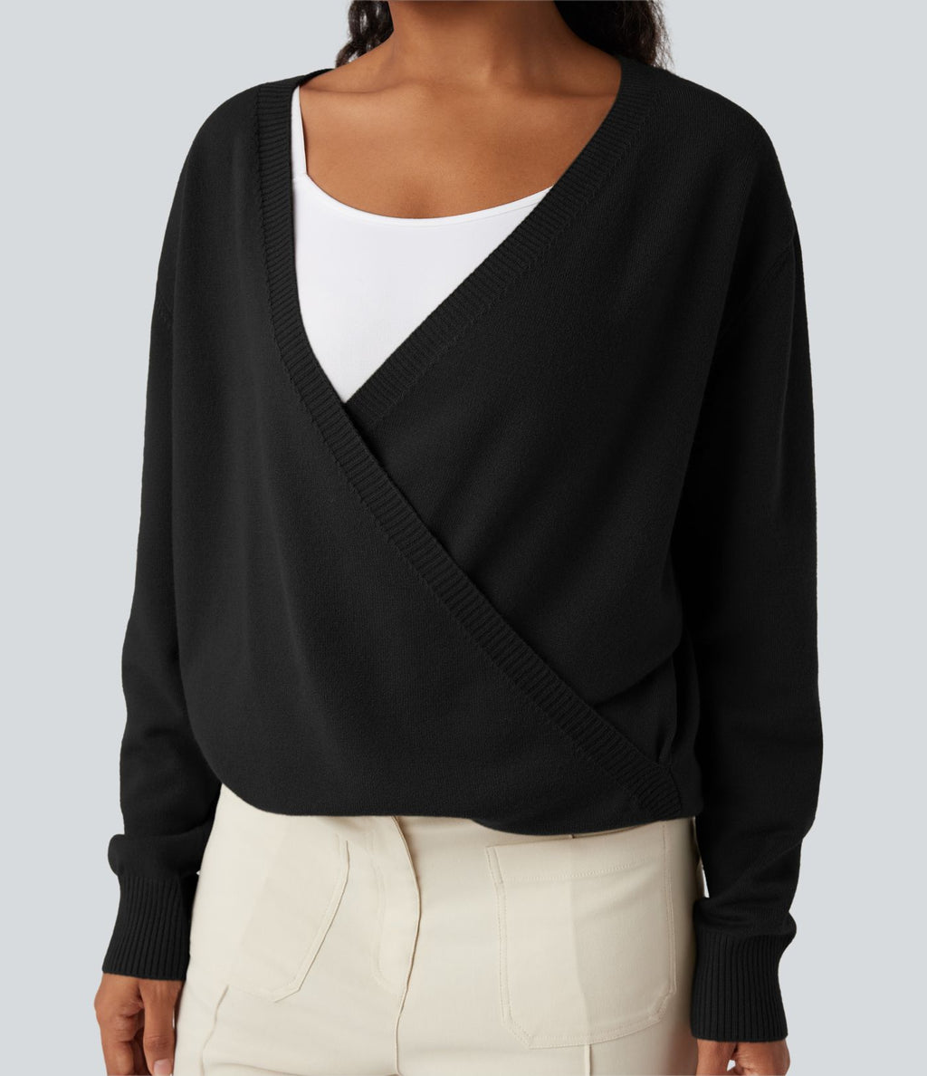 Pull décontracté réversible effet cache-cœur à décolleté en V et manches longues