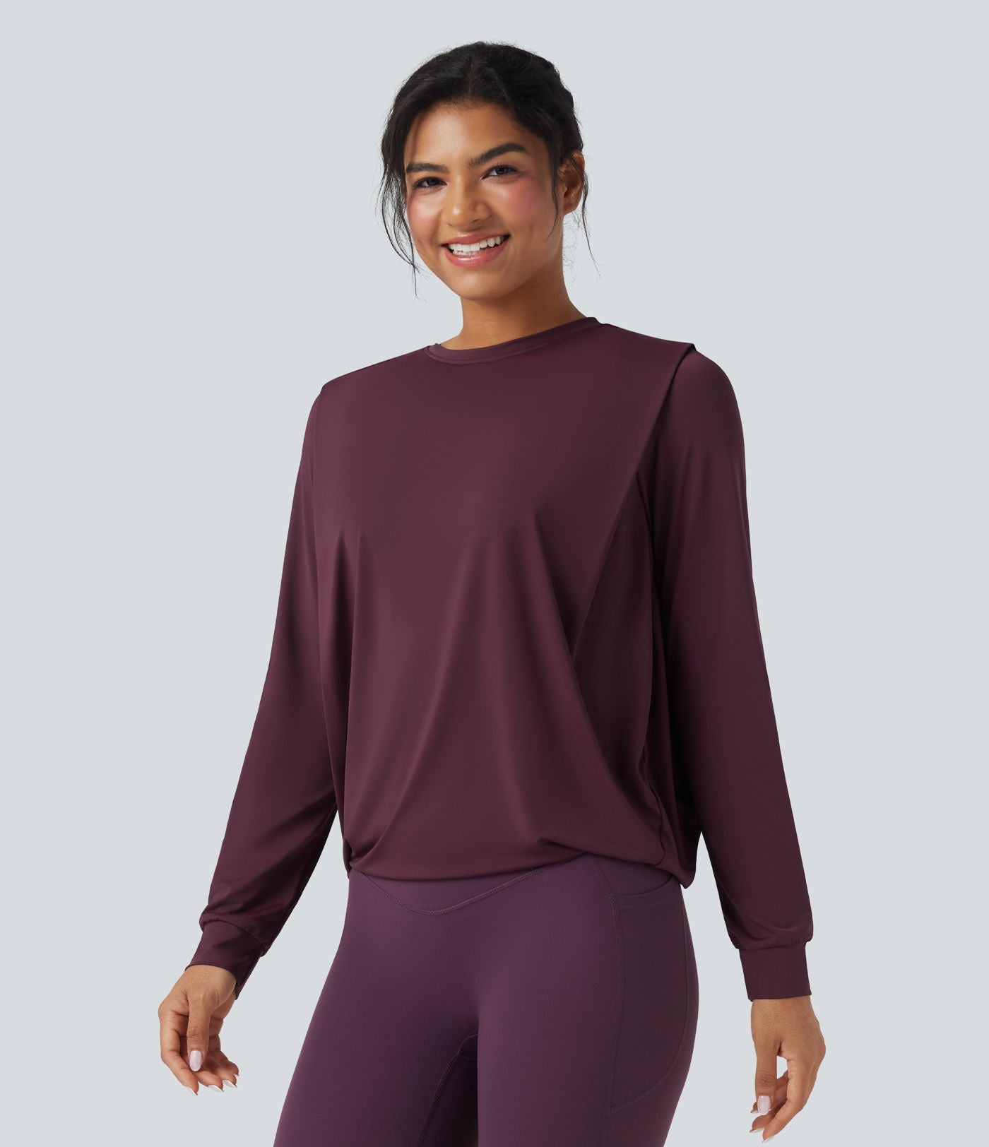 Haut de sport yoga col rond manches longues froncé - UPF50+