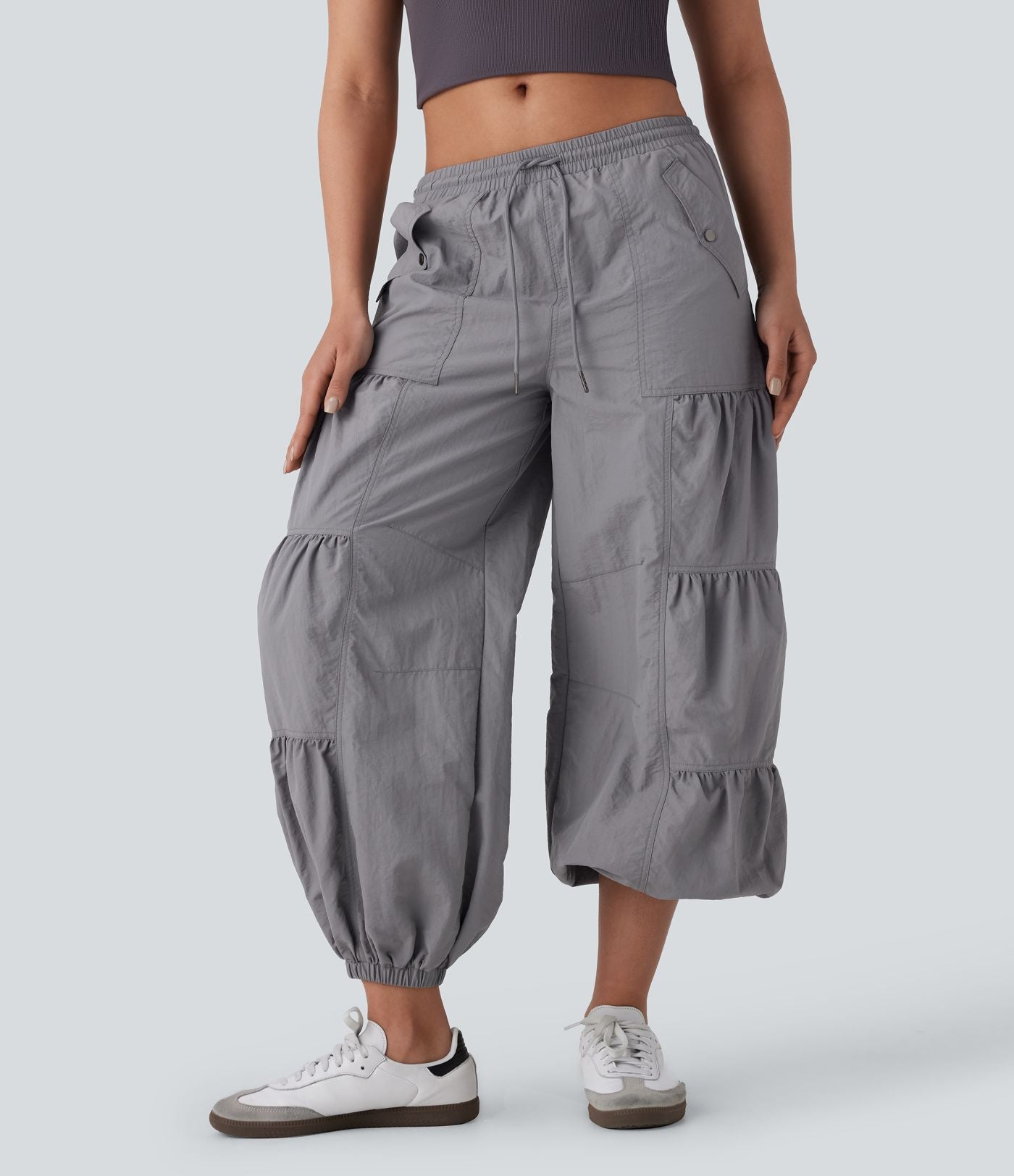 Jogging cargo décontracté parachute taille moyenne à cordon avec poches latérales et fronces
