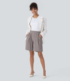 Short Bermuda Tailleur Fluide sculptant taille haute en maille gaufrée avec poches latérales