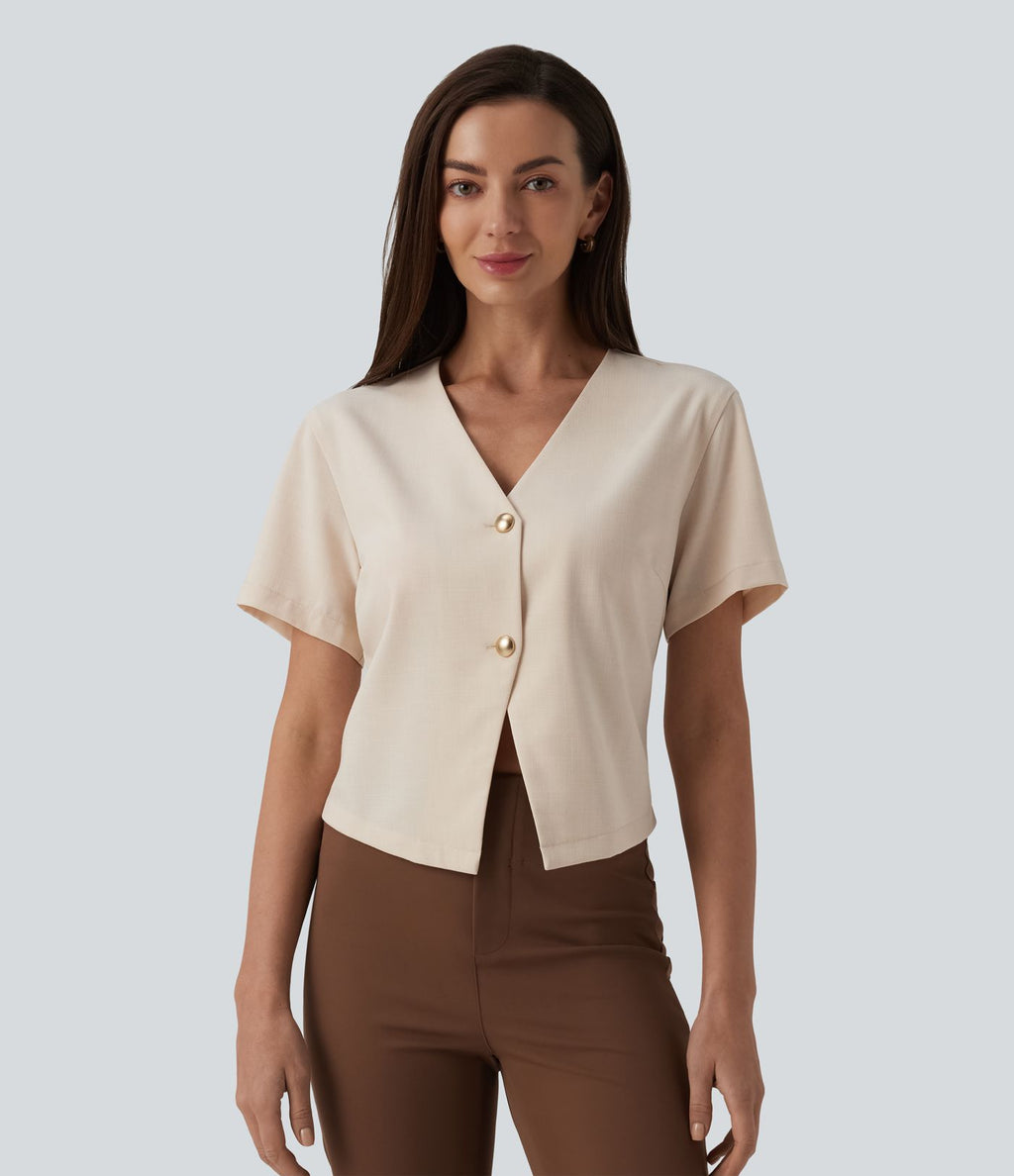 Blouse de travail col V manches courtes aspect lin