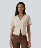 Blouse de travail col V manches courtes aspect lin