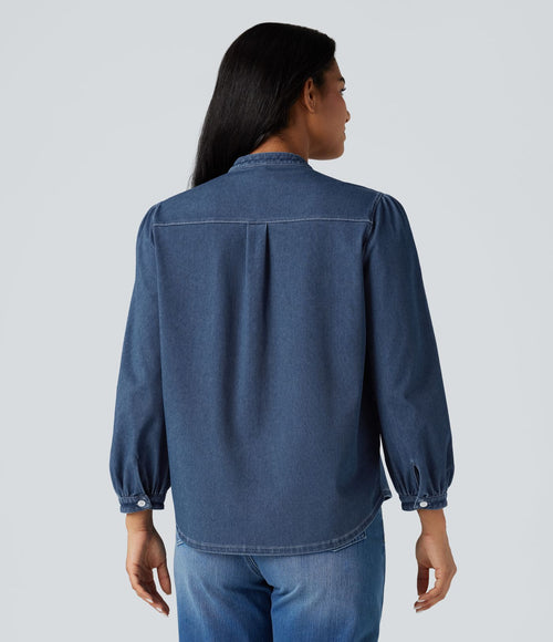 Chemise denim Halara Flex™ col montant manches 3/4 bouffantes