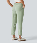 Pantalon ajusté décontracté taille mi-haute avec cordon de serrage, aspect lin extensible et poches