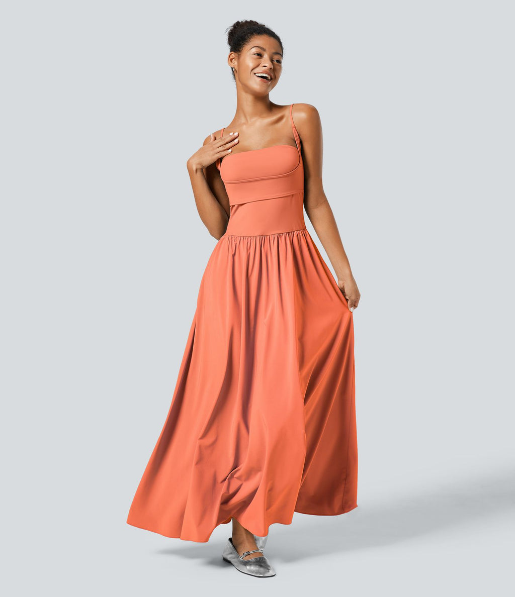 Breezeful™ Robe Débardeur Casual Dos Nu Poches Latérales Plissée Évasée Longue Séchage Rapide