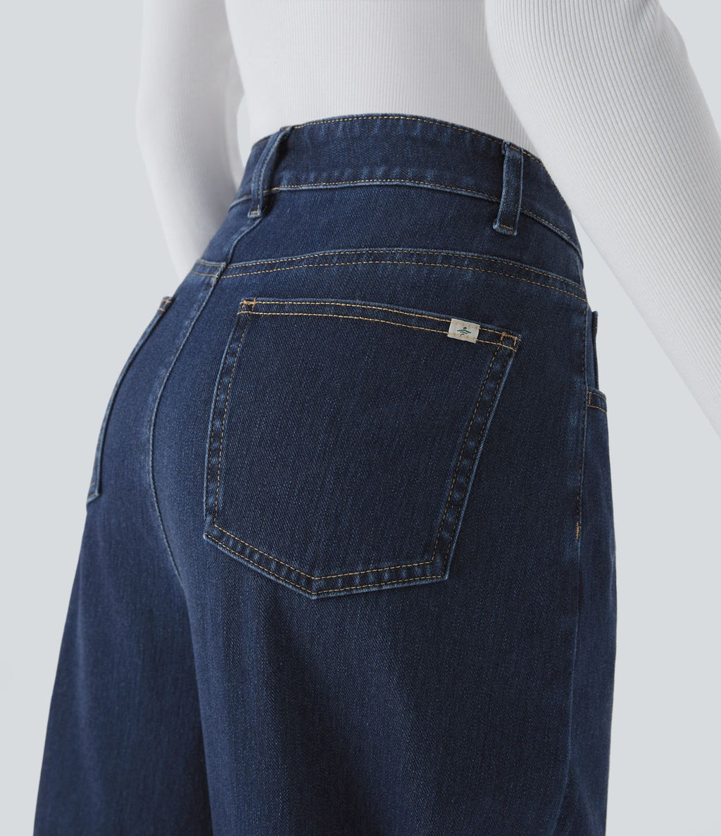 Jean ample délavé taille haute en maille extensible avec poches multiples