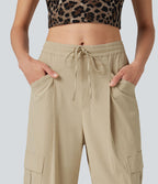 Pantalon cargo décontracté en lin extensible coupe droite taille mi-haute avec cordon de serrage et poches