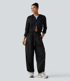 Pantalon cargo ample de randonnée taille haute avec cordon de serrage, fronces et poches