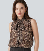 Blouse de travail en mousseline col cheminée avec nœud, sans manches, imprimé léopard