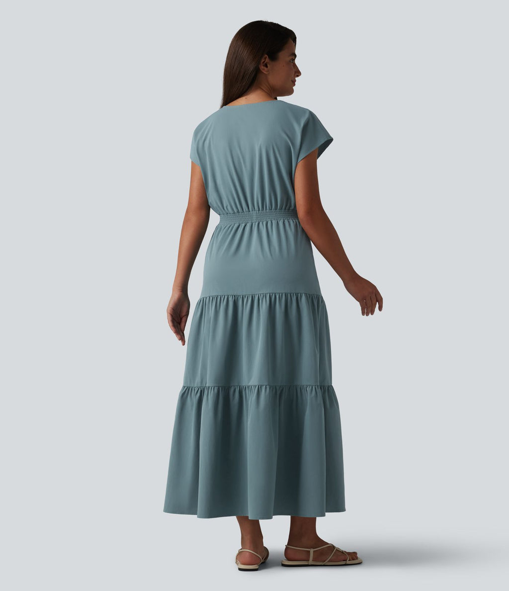 Robe midi décontractée en popeline stretch à manches courtes et col en V