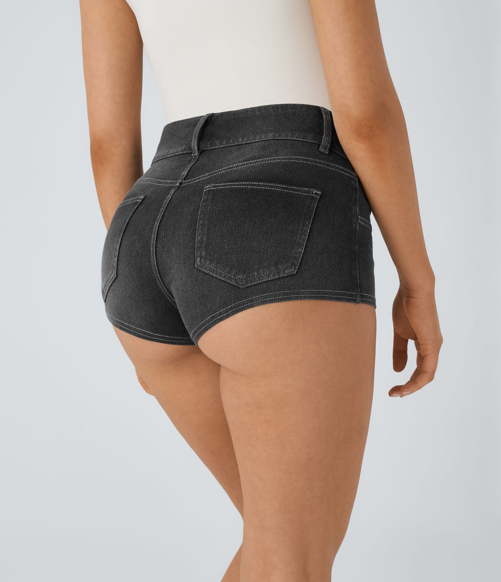 Halara Flex™ Shorts Casual en Denim Tricot Extensible à Taille Mi-Haute avec Poches Arrière