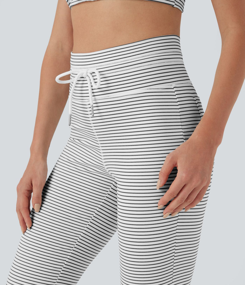 Pantalon de yoga évasé à rayures, taille haute, cordon et poches
