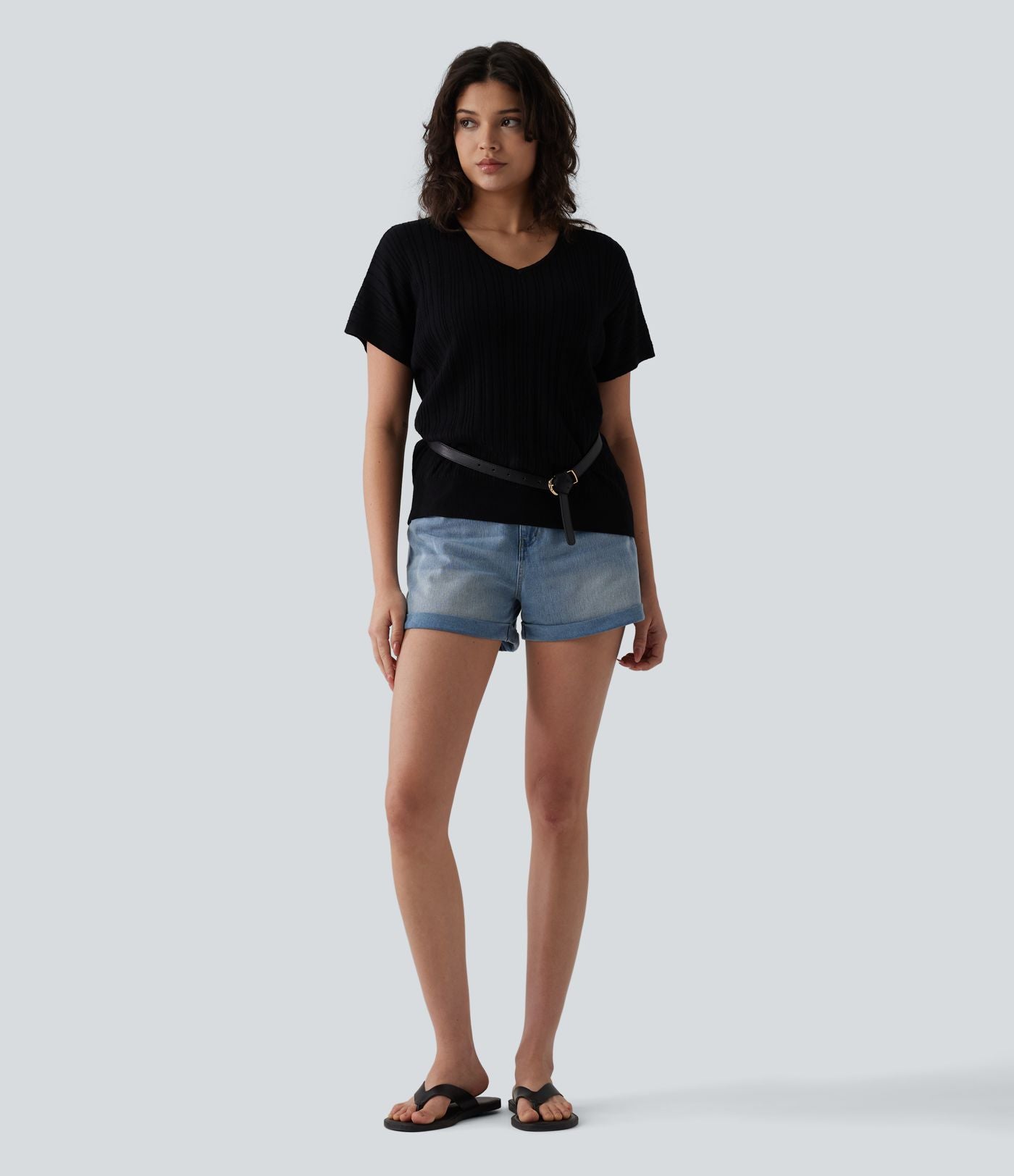 Pull casual col V manches courtes mélange laine