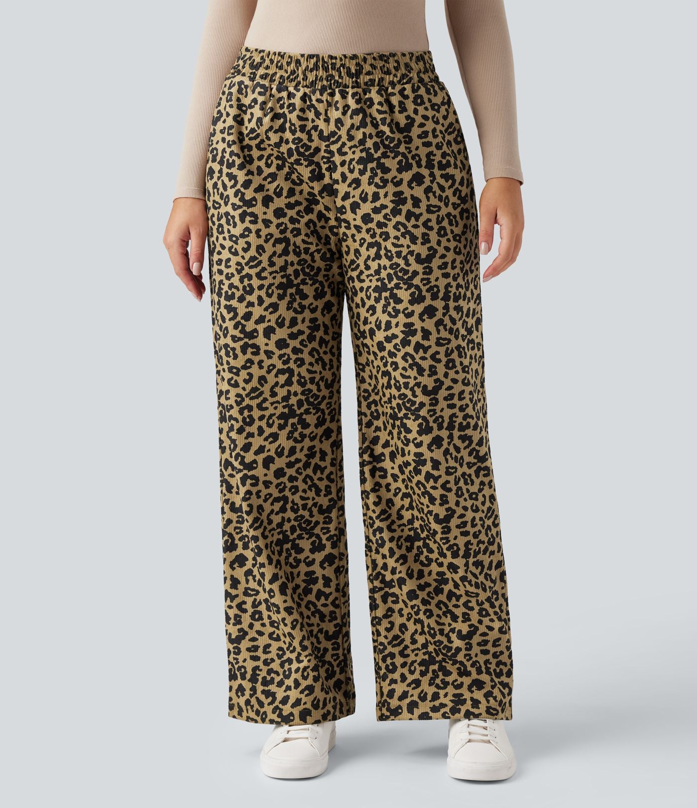 Pantalon léopard ample décontracté velours côtelé imprimé taille haute avec poches