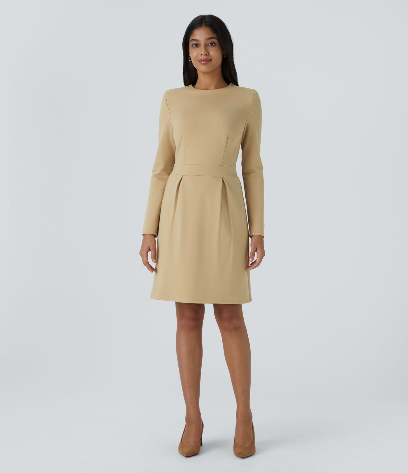Robe de travail mini ajustée col rond à épaulettes à manches longues et ourlet