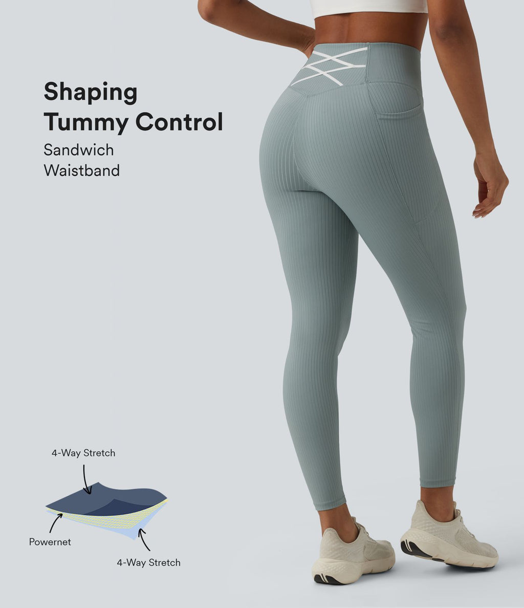 Legging taille haute gainant côtelé avec poches