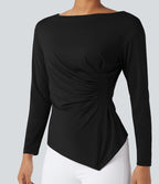 Blouse de travail ajustée col bateau manches longues froncée à ourlet asymétrique