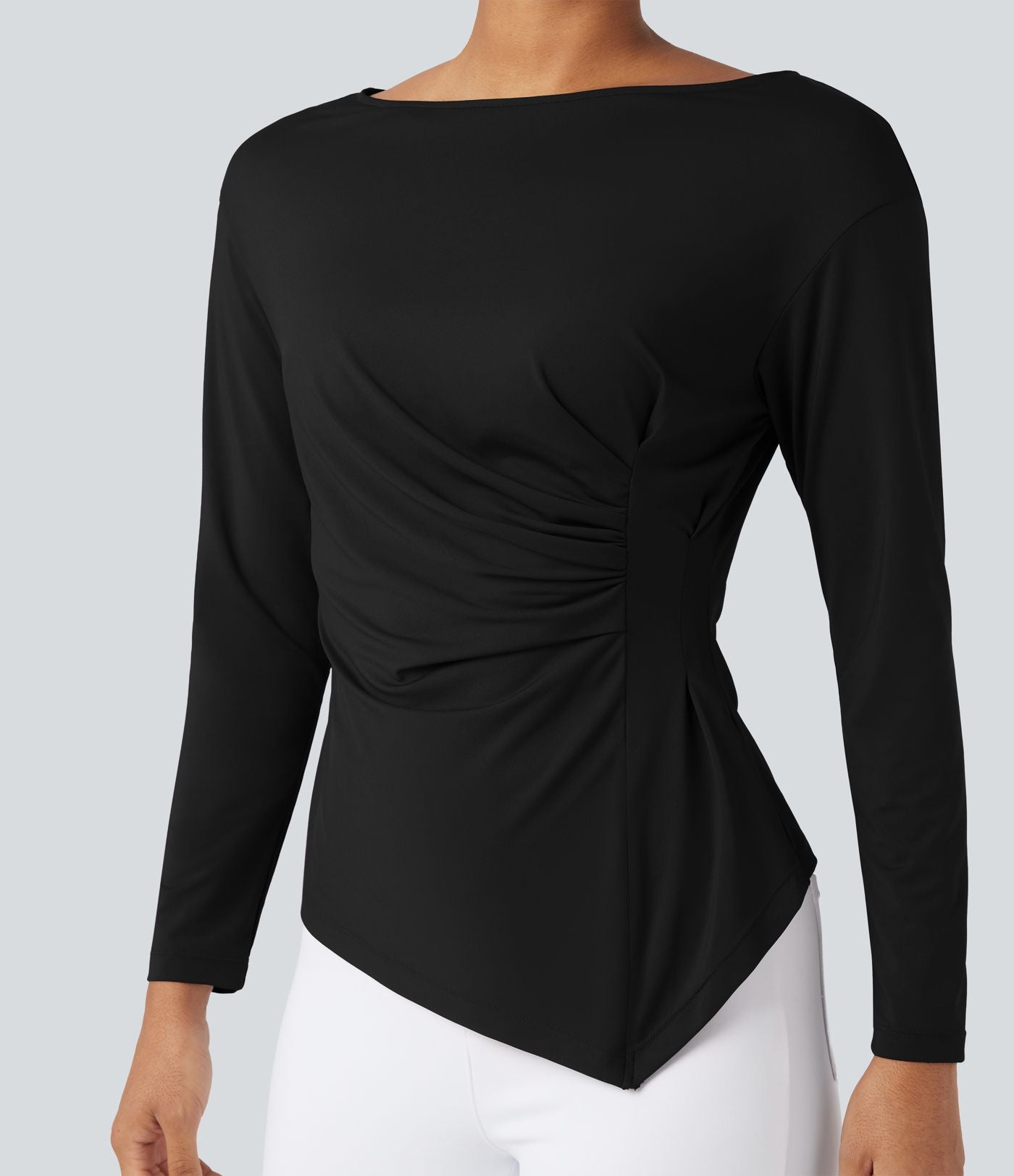 Blouse de travail ajustée col bateau manches longues froncée à ourlet asymétrique
