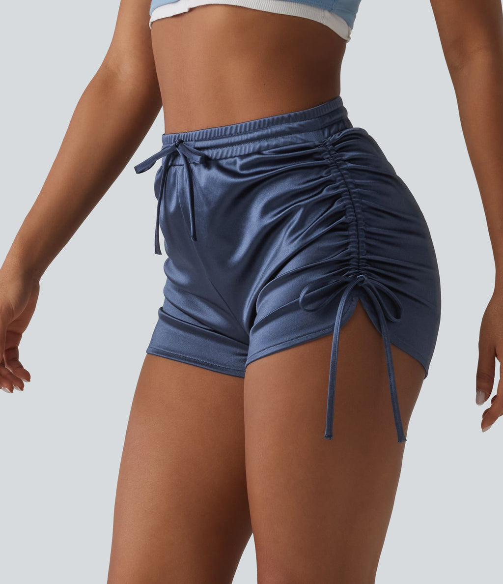 Short décontracté satiné taille haute avec cordon de serrage froncé et poche