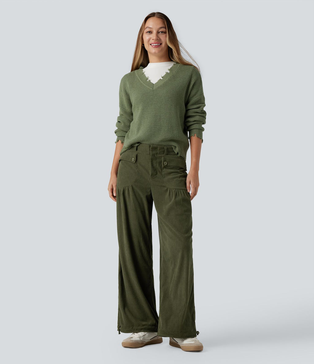 Pantalon décontracté large taille mi-haute en velours côtelé avec poches
