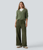 Pantalon décontracté large taille mi-haute en velours côtelé avec poches