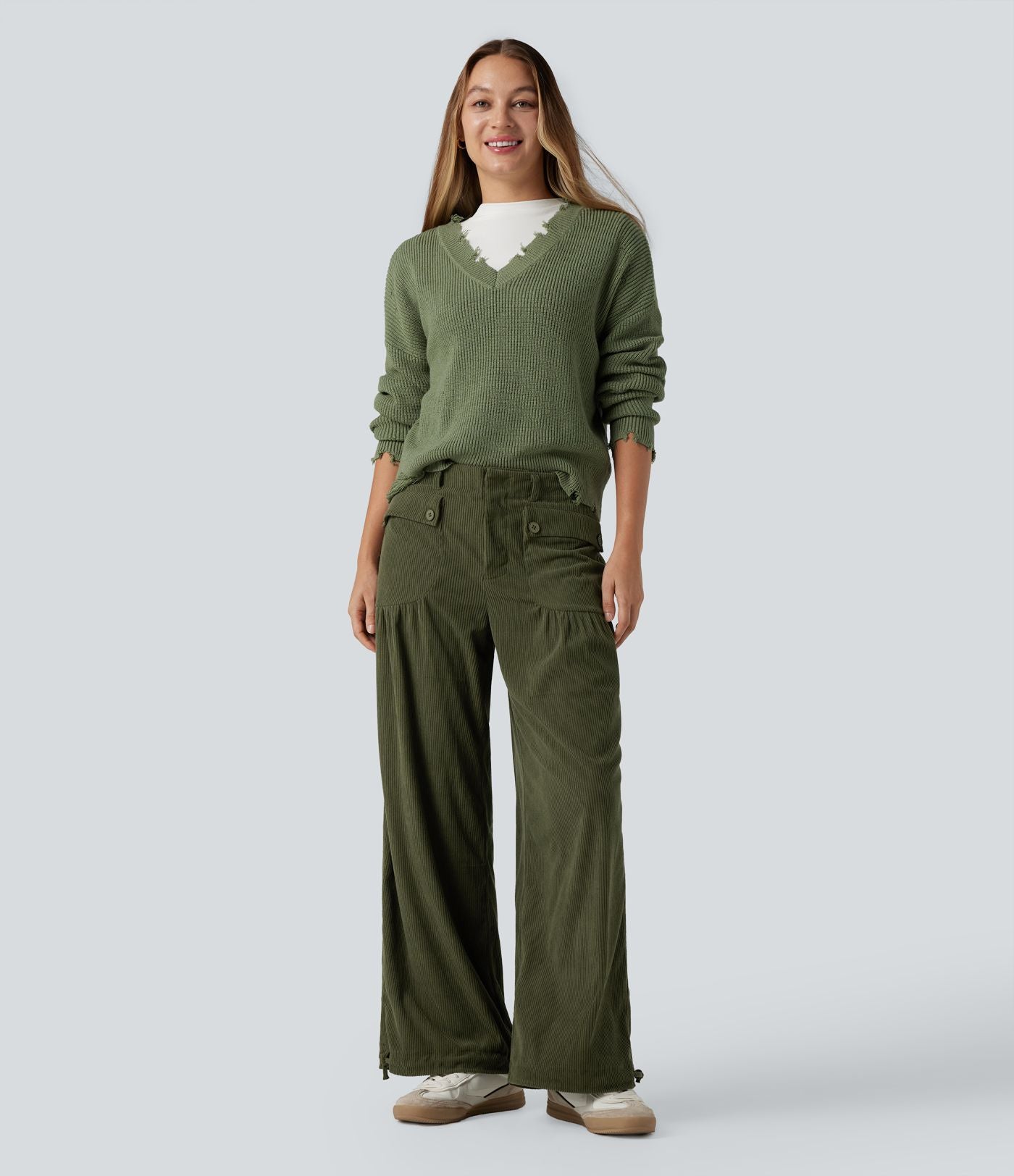 Pantalon décontracté large taille mi-haute en velours côtelé avec poches