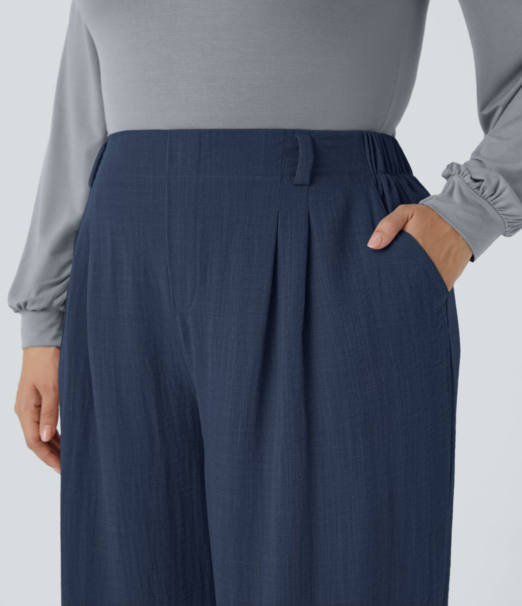 Pantalon décontracté palazzo large effet lin, taille haute, grande taille, avec poches