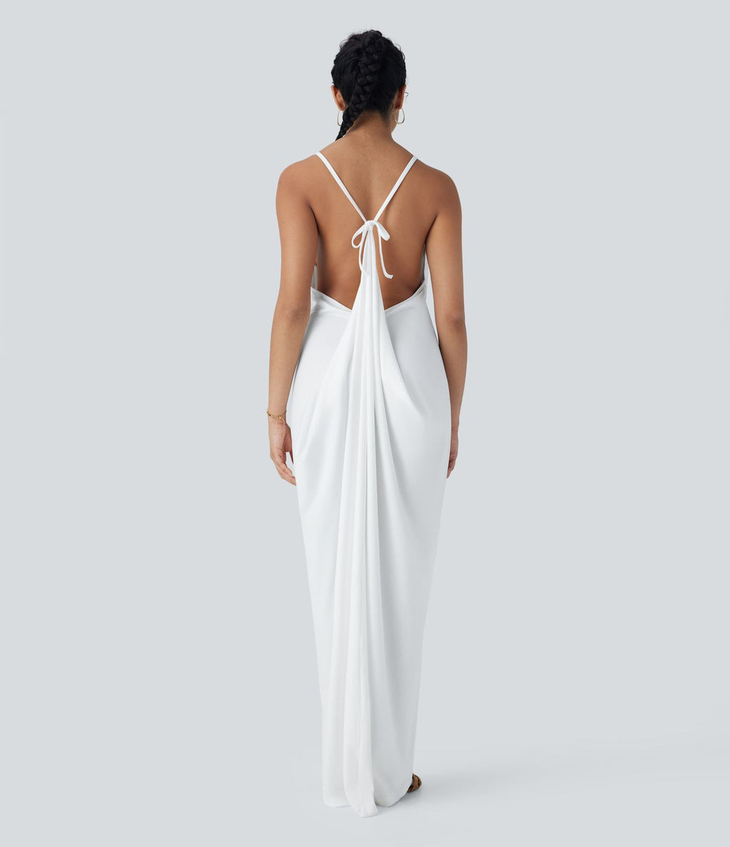 Robe Longue de Vacances avec Col V Dos Nu à Nouer et Fronces