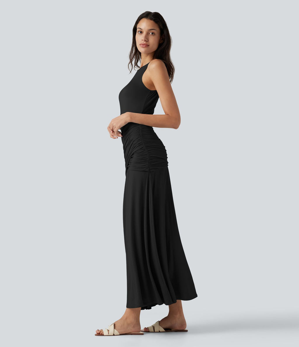 Robe maxi casual fluide sans manches col rond avec fronces et taille croisée