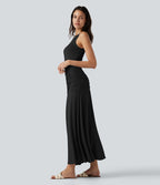 Robe maxi casual fluide sans manches col rond avec fronces et taille croisée