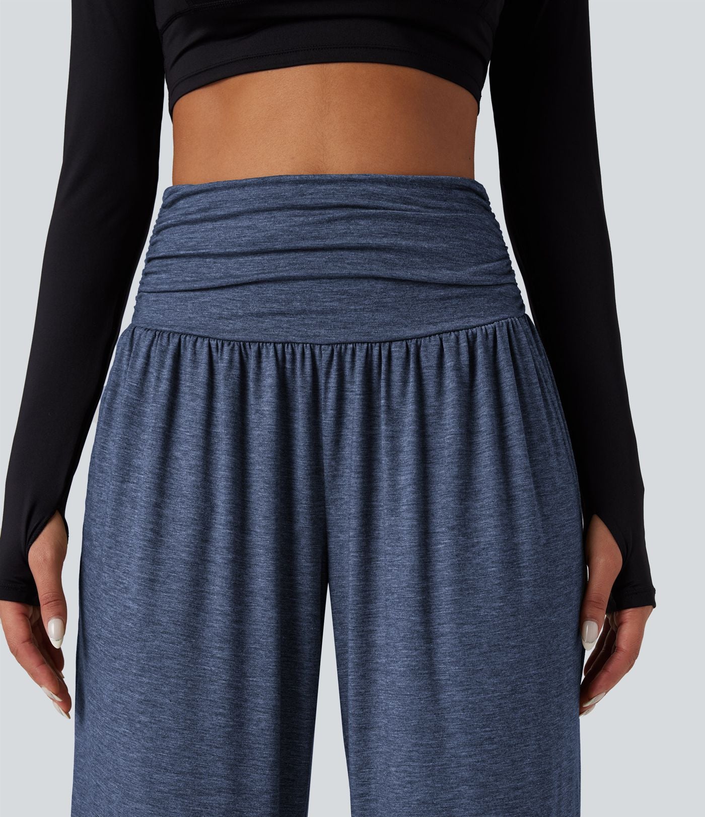 Pantalon de yoga large froncé chiné taille haute avec poches