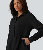 Chemise décontractée peplum à col manches longues avec ourlet à volants effet froissé et poches