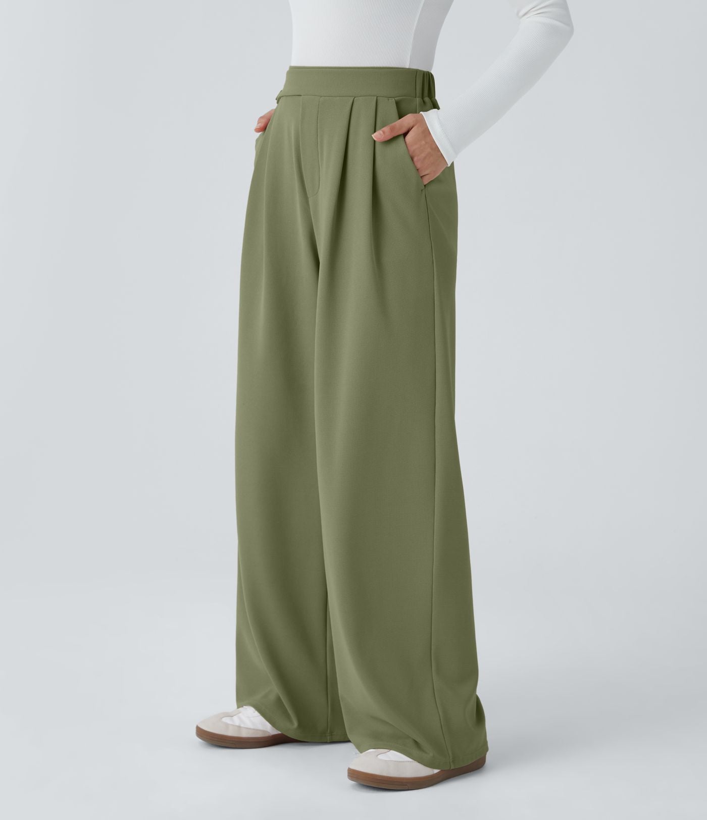 Pantalon taille haute décontracté large en maille gaufrée, avec poches