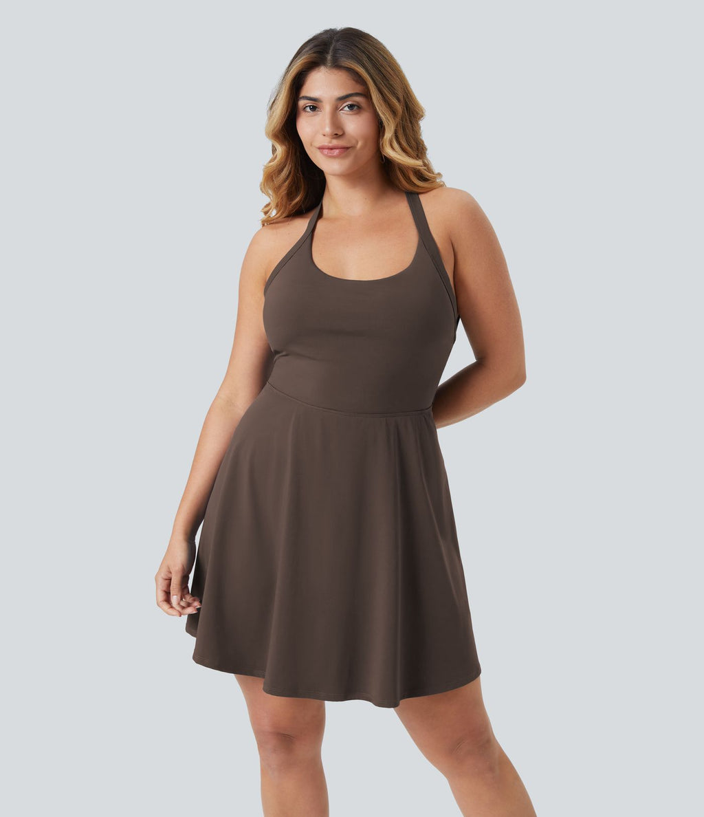 Robe longue de danse évasée à dos ouvert avec torsade grandes tailles et short intégré - Édition Easy Peasy