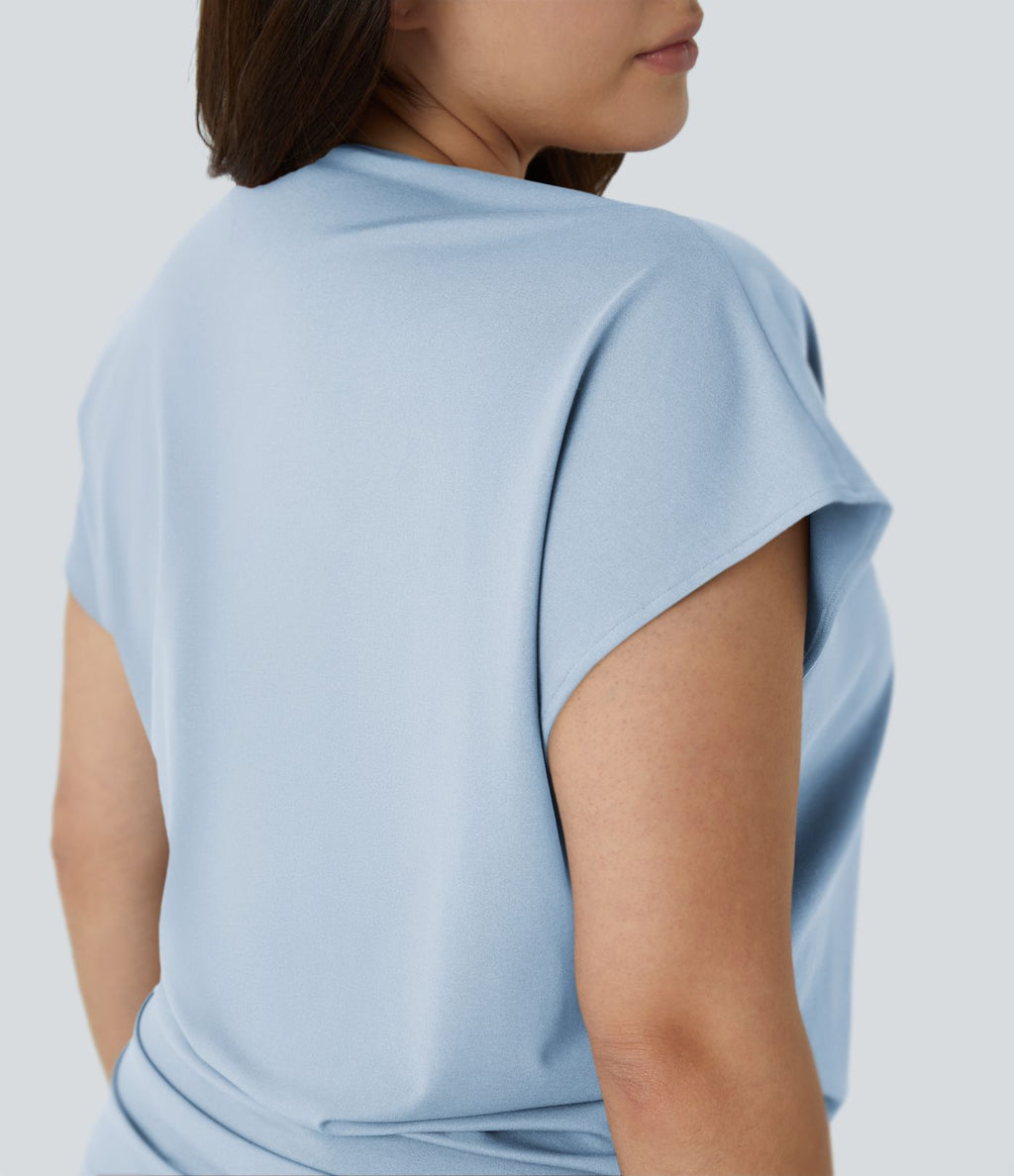 Blouse Travail Unie Froncée Croisée Manches Courtes Col en V Grande Taille