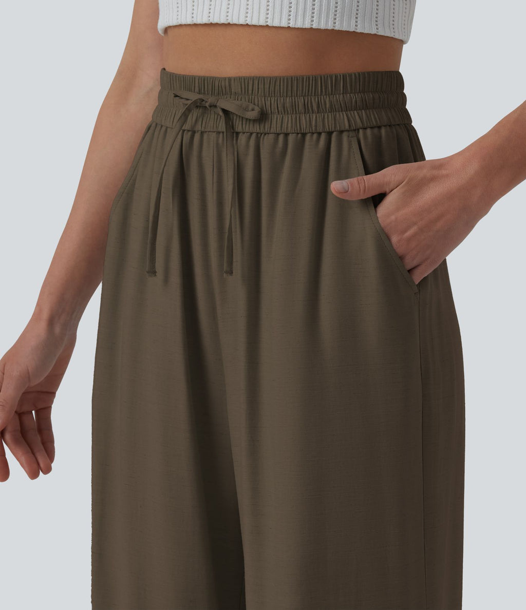Pantalon casual large fluide mélange lin taille haute avec cordon de serrage et poches