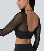 Haut de sport yoga crop top 2-en-1 avec col licou, dos nu, manches longues, passe-pouces et mesh contrastant