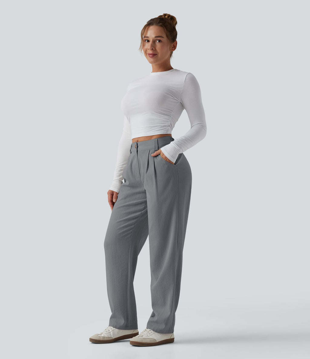 Pantalon décontracté mi-taille effet lin avec poches